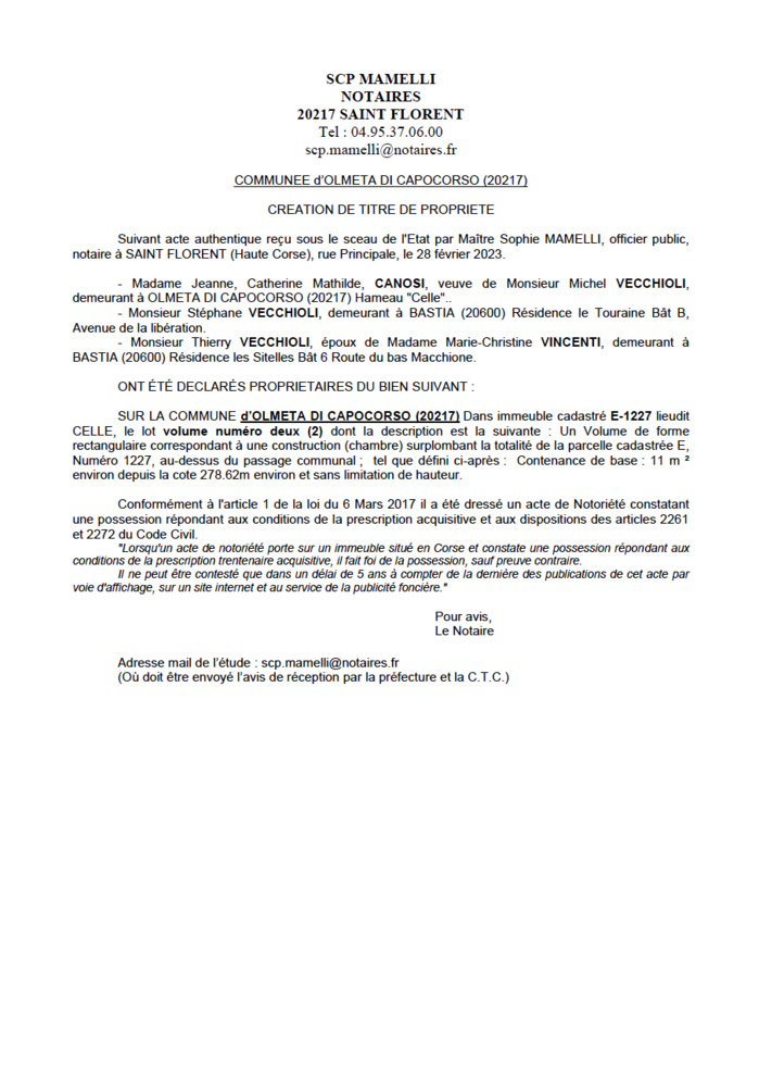 Avis de création de titre de propriété - Commune d'Olmeta di Capicorsu (Cismonte) Avis de création de titre de propriété - Commune d'Olmeta di Capicorsu (Cismonte)