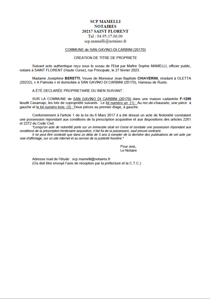 Avis de création de titre de propriété - Commune de San Gavinu di Carbini (Pumonti)