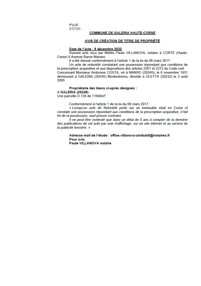 Avis de création de titre de propriété - Commune de Galeria (Cismonte)