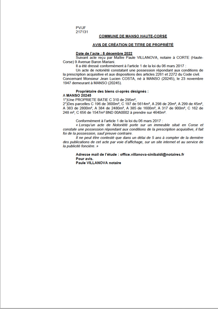 Avis de création de titre de propriété - Commune de U Mansu (Cismonte)