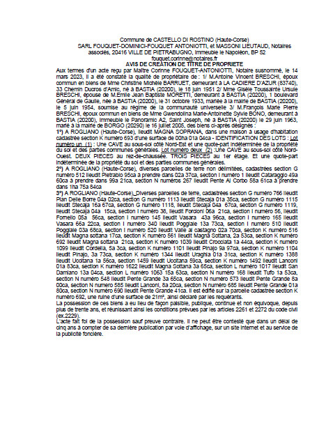 Avis de création de titre de propriété - Commune de Castellu di Rustinu (Cismonte) Avis de création de titre de propriété - Commune de Castellu di Rustinu (Cismonte)