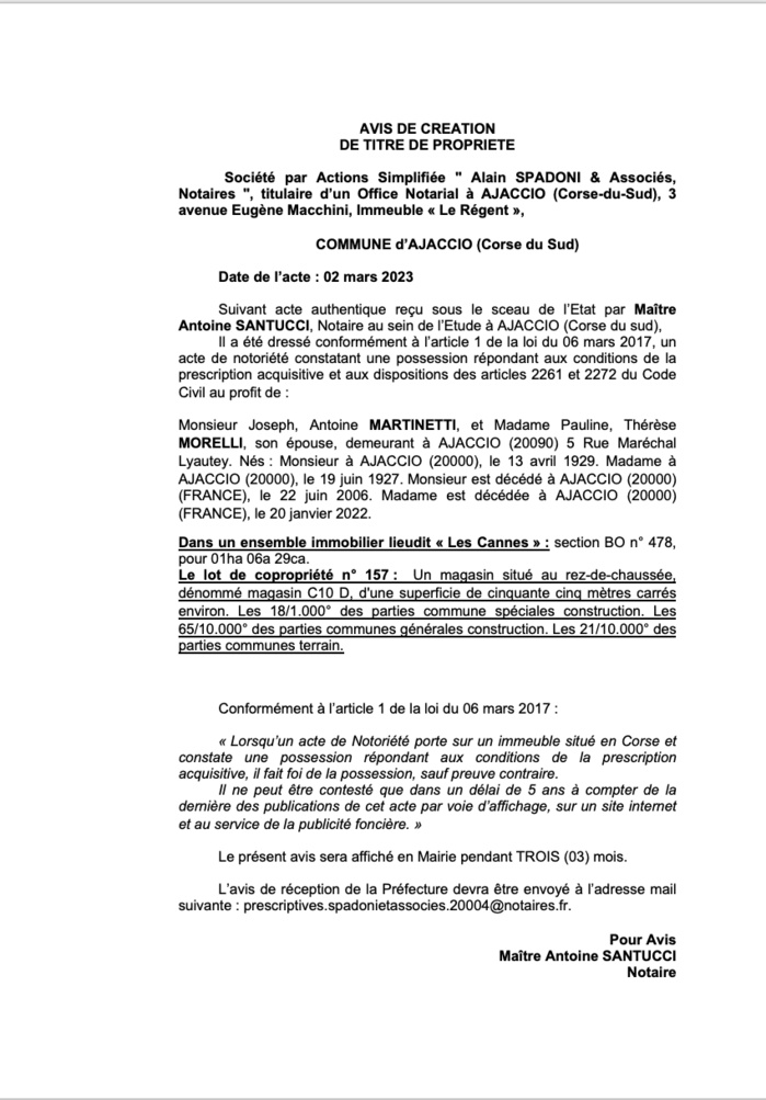 Avis de création de titre de propriété - Commune d'Aiacciu (Pumonti)