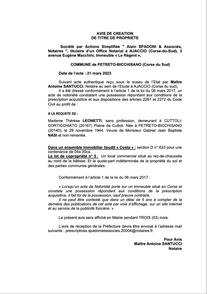 Avis de création de titre de propriété - Commune de Pitretu è Bicchisgià (Pumonti)