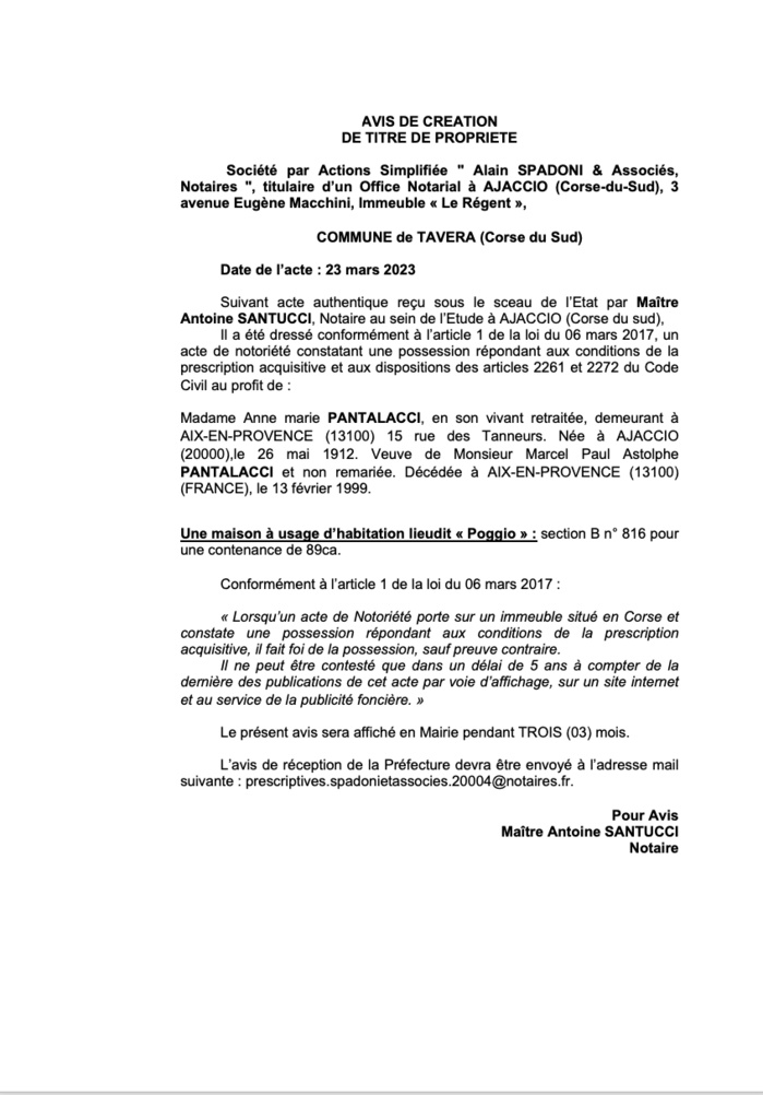 Avis de création de titre de propriété - Commune de Tavera (Pumonti)