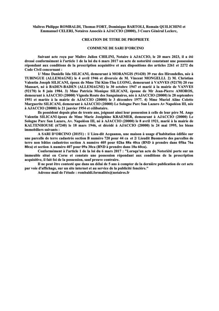 Avis de création de titre de propriété - Commune de Sari d'Urcinu (Pumonti)