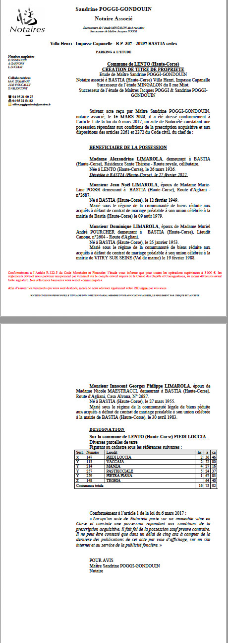 Avis de création de titre de propriété - Commune de Lentu (Cismonte) Avis de création de titre de propriété - Commune de Lentu (Cismonte)