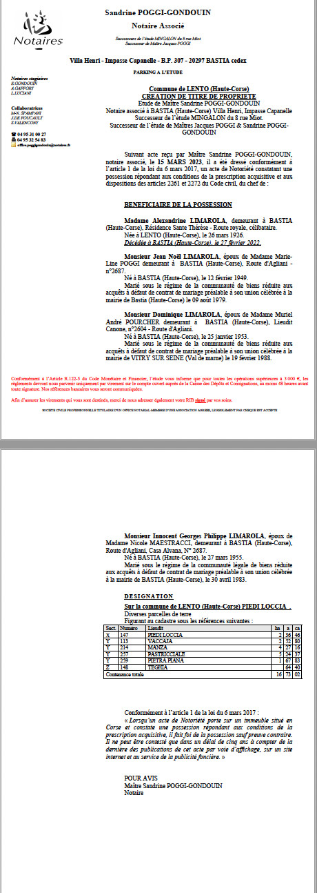 Avis de création de titre de propriété - Commune de Lentu (Cismonte)