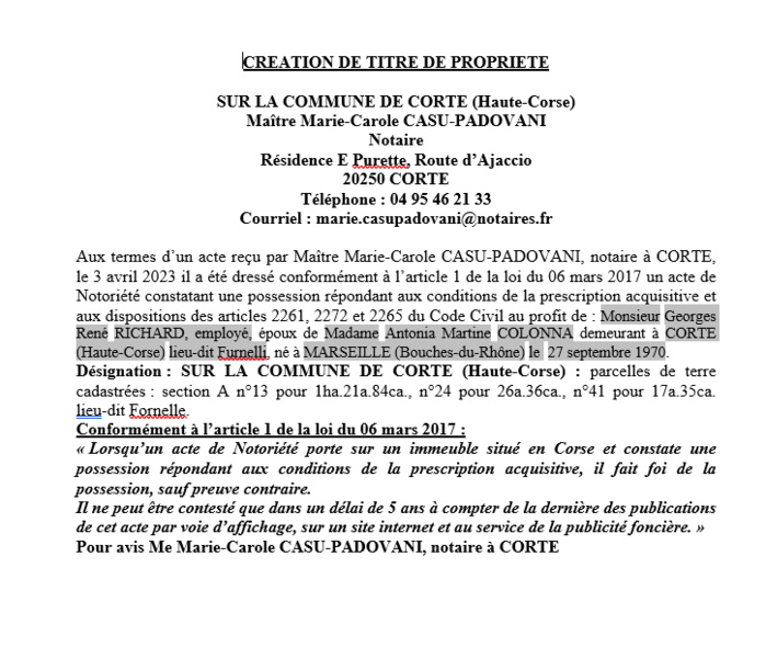 Avis de création de titre de propriété - Commune de Corti (Cismonte) Avis de création de titre de propriété - Commune de Corti (Cismonte)