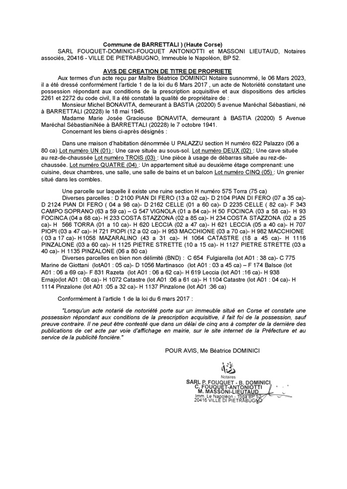 Avis de création de titre de propriété - Commune de Barrettali (Cismonte)