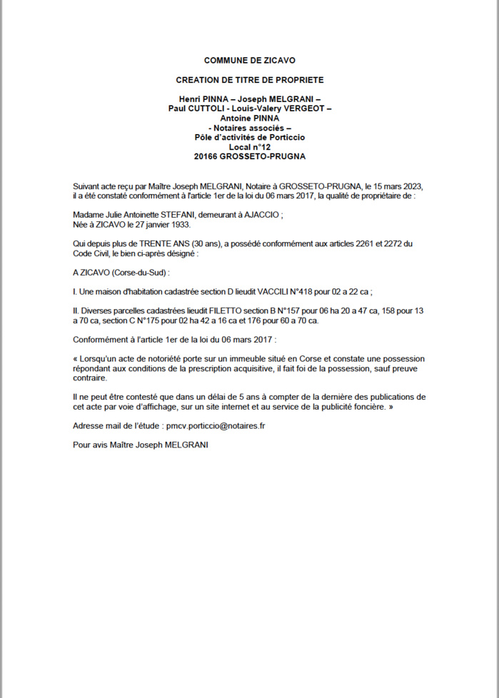 Avis de création de titre de propriété - Commune de Sari de Zicavu (Pumonti)