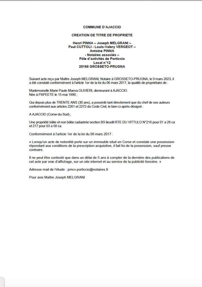 Avis de création de titre de propriété - Commune d'Aiacciu (Pumonti)