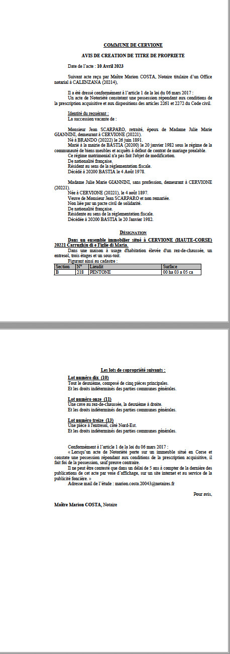 Avis de création de titre de propriété - Commune de Cervoni (Cismonte) Avis de création de titre de propriété - Commune de Cervoni (Cismonte)