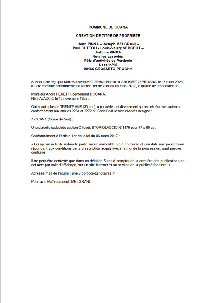 Avis de création de titre de propriété - Commune d'Ocana (Pumonti)
