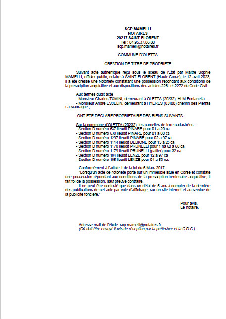 Avis de création de titre de propriété - Commune d'Oletta (Cismonte) Avis de création de titre de propriété - Commune d'Oletta (Cismonte)