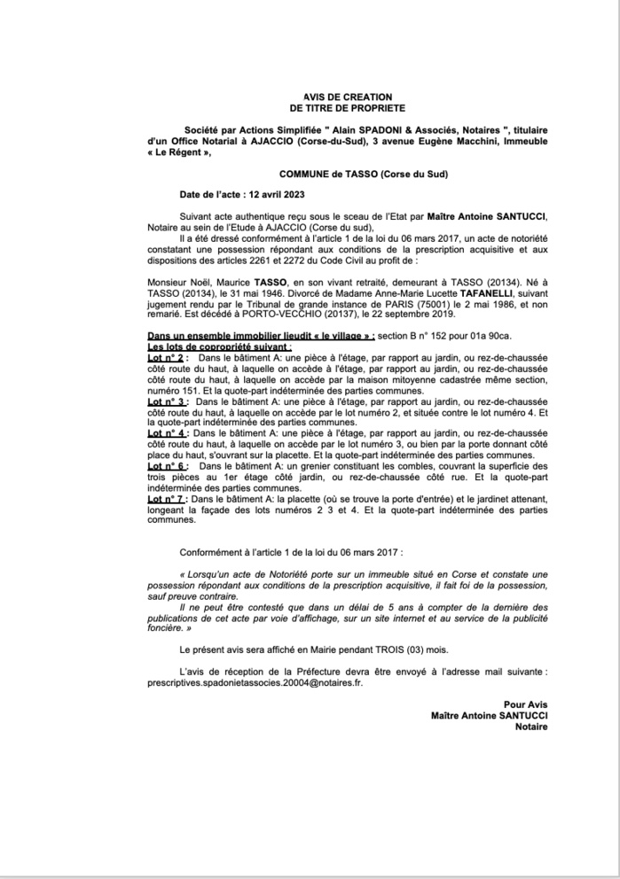 Avis de création de titre de propriété - Commune di U Tassu (Pumonti)