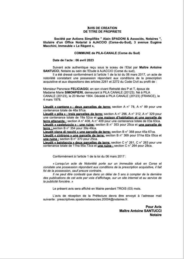 Avis de création de titre de propriété - Commune de Pila è Canali (Pumonti)