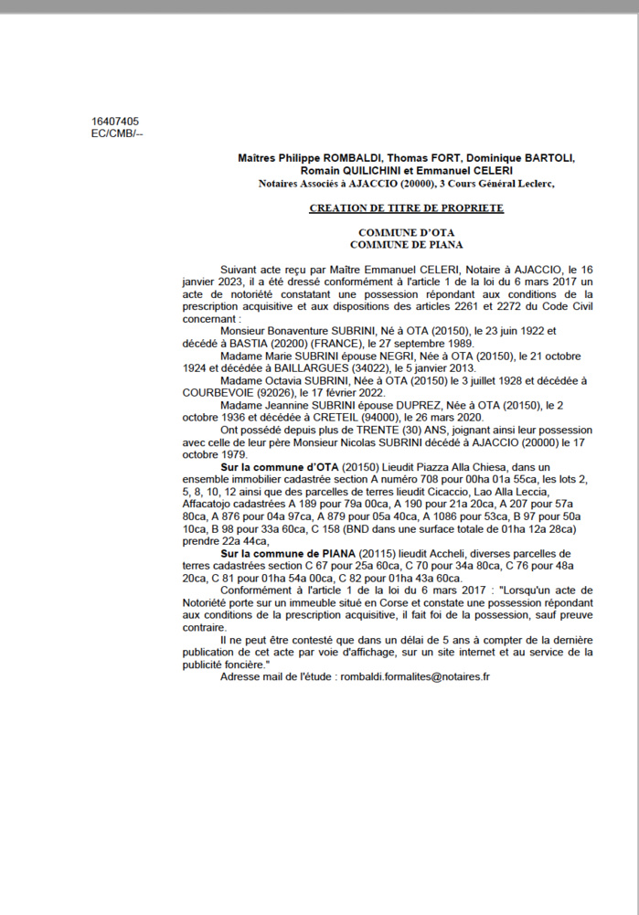 Avis de création de titre de propriété - Communes d'Ota é di A Piana (Pumonti)