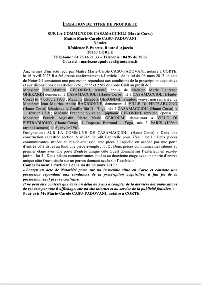 Avis de création de titre de propriété - Commune de Casamacciuli (Cismonte)