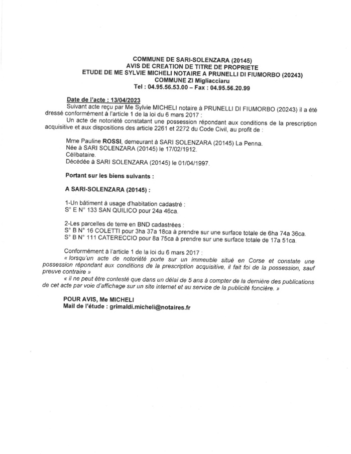 Avis de création de titre de propriété - Commune de Sari è Sulinzara (Pumonti)