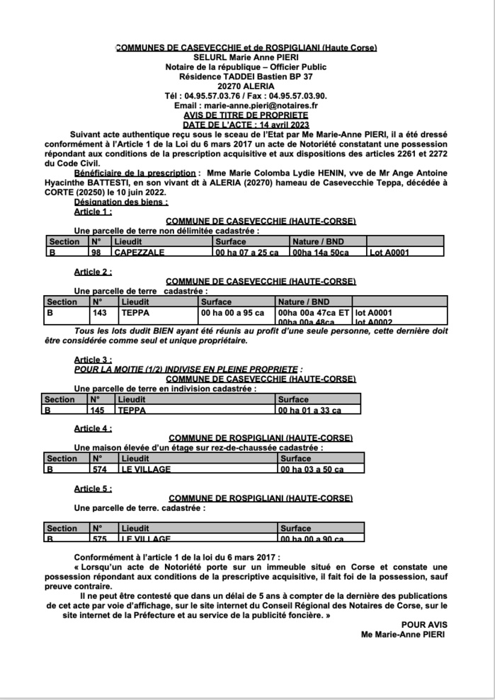 Avis de création de titre de propriété - Communes de Casevechje è Ruspigliani (Cismonte)