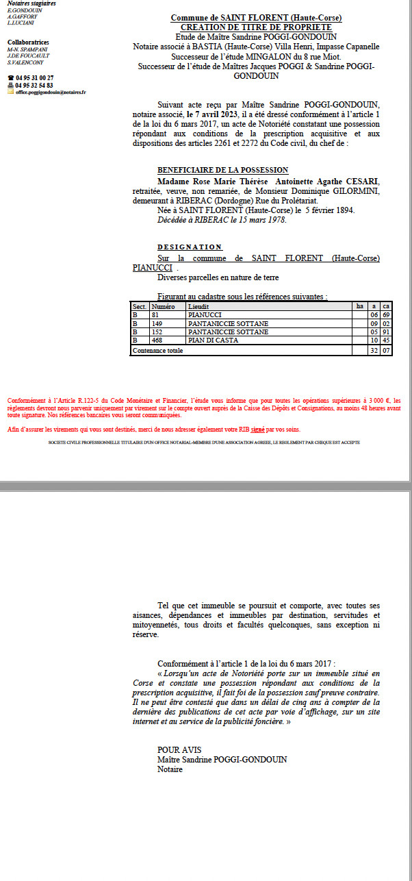 Avis de création de titre de propriété - Commune de San Fiurenzu (Cismonte)