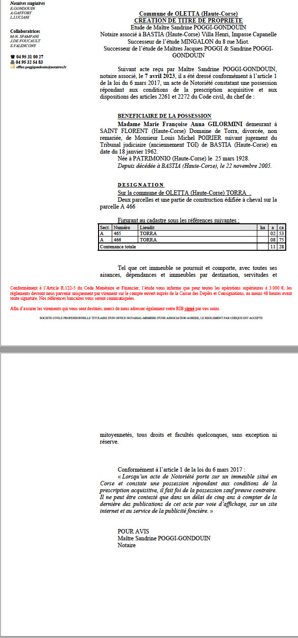 Avis de création de titre de propriété - Commune d'Oletta (Cismonte)