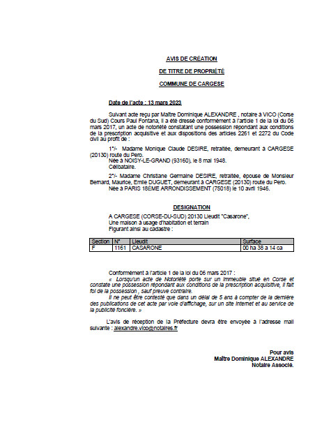 Avis de création de titre de propriété - Commune de Carghjese (Pumonti) Avis de création de titre de propriété - Commune de Carghjese (Pumonti)