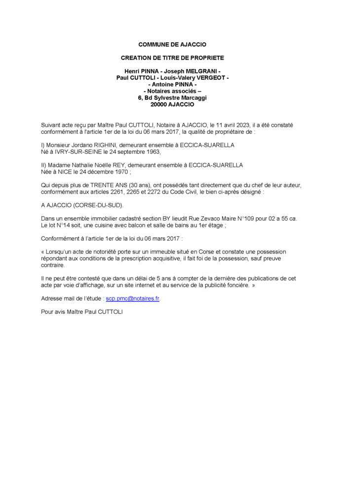 Avis de création de titre de propriété - Commune d'Aiacciu (Pumonti)