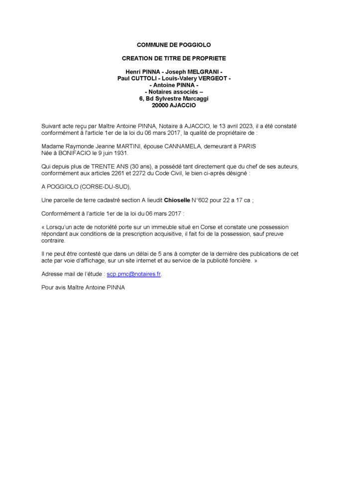 Avis de création de titre de propriété - Commune d'U Pighjolu (Pumonti)