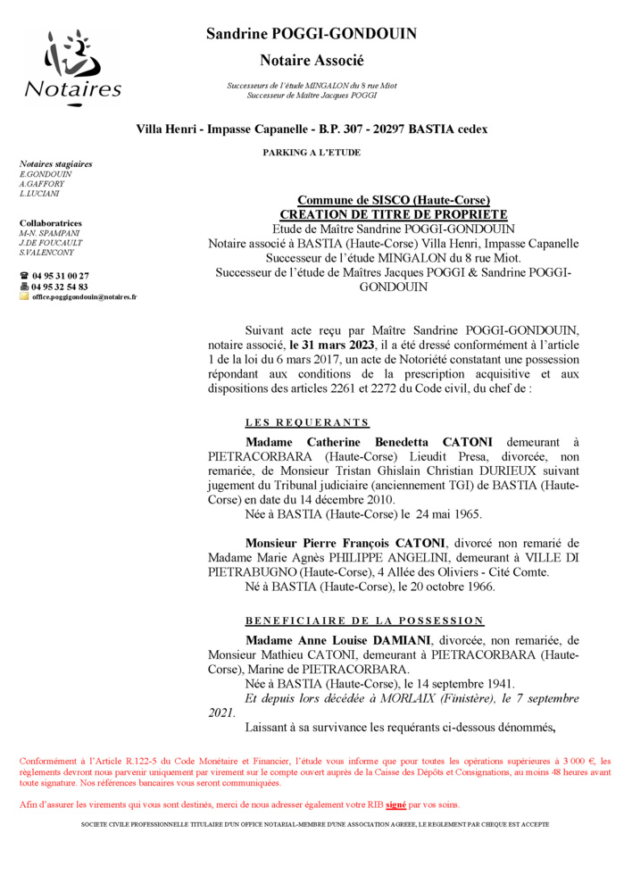 Avis de création de titre de propriété - Commune de Siscu (Cismonte)