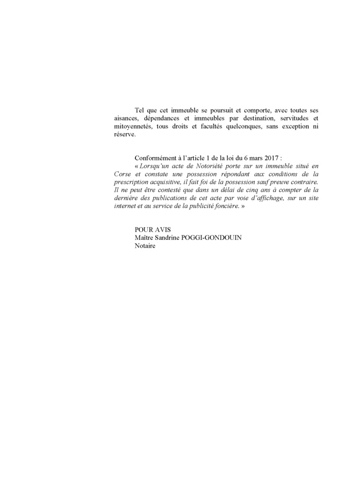 Avis de création de titre de propriété - Commune de Siscu (Cismonte)