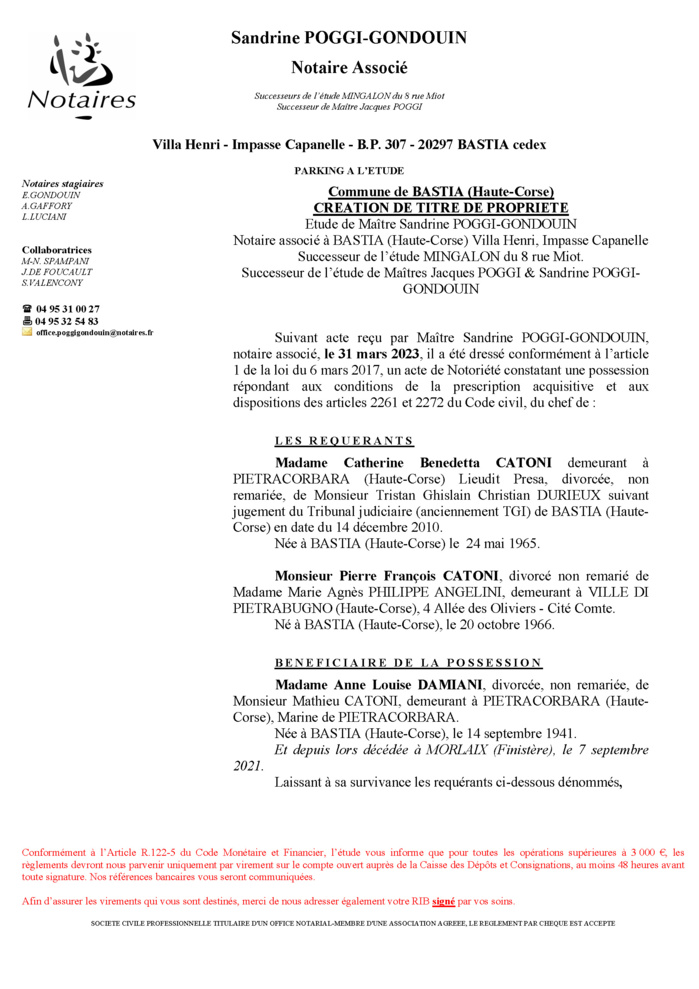 Avis de création de titre de propriété - Commune de Bastia (Cismonte)