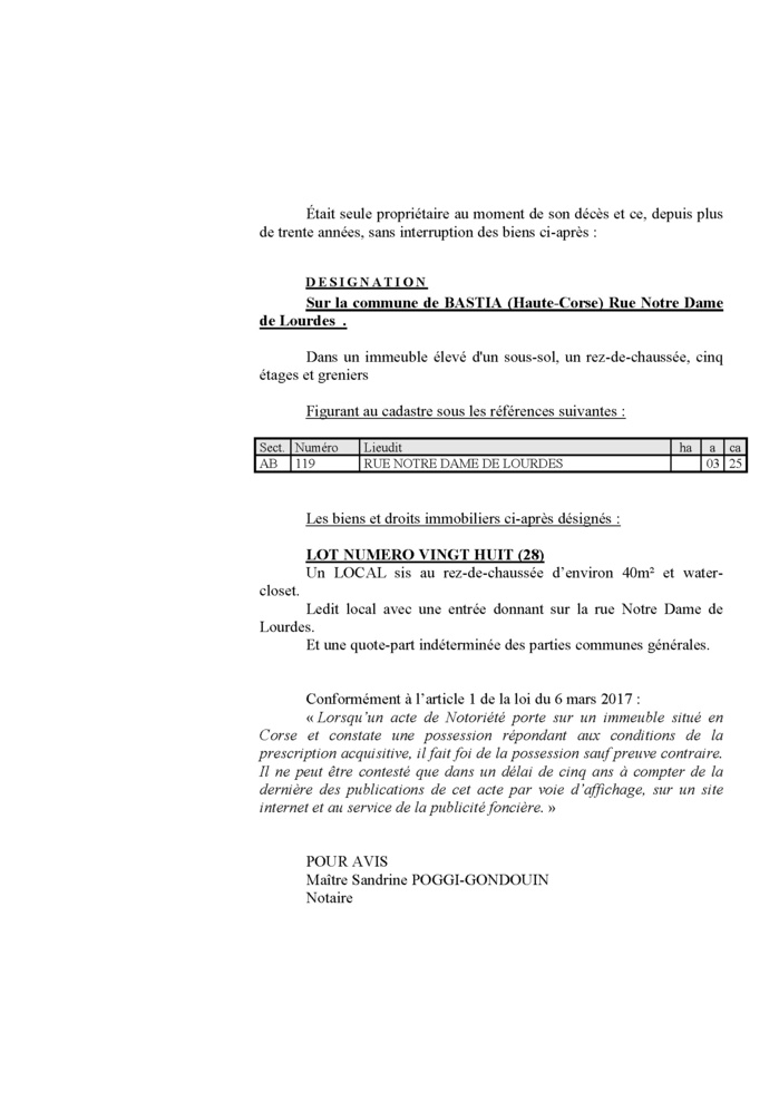 Avis de création de titre de propriété - Commune de Bastia (Cismonte)