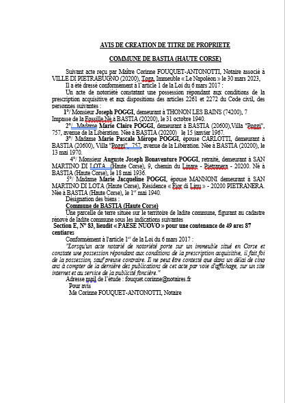 Avis de création de titre de propriété - Commune de Bastia (Cismonte) Avis de création de titre de propriété - Commune de Bastia (Cismonte)