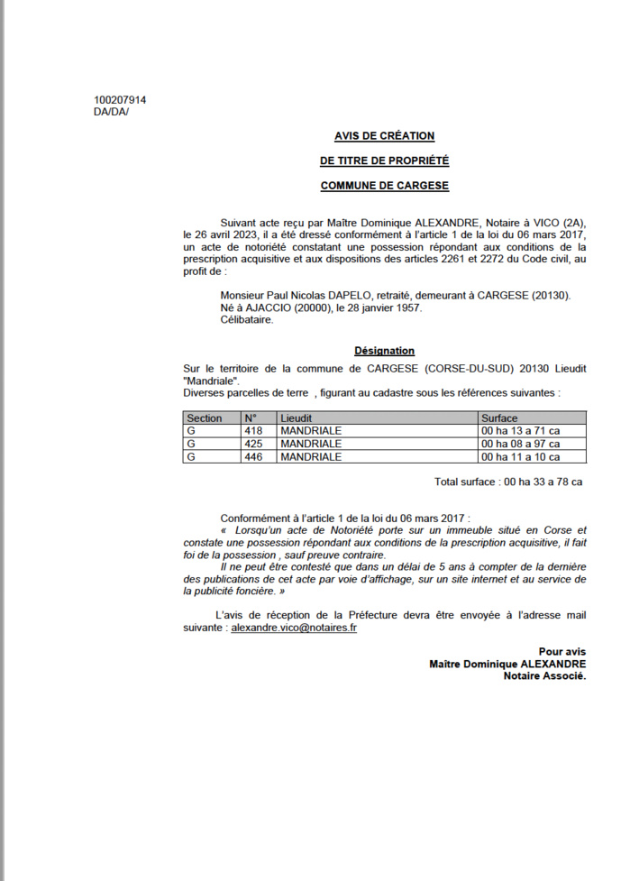 Avis de création de titre de propriété - Commune de Carghjese (Pumonti)