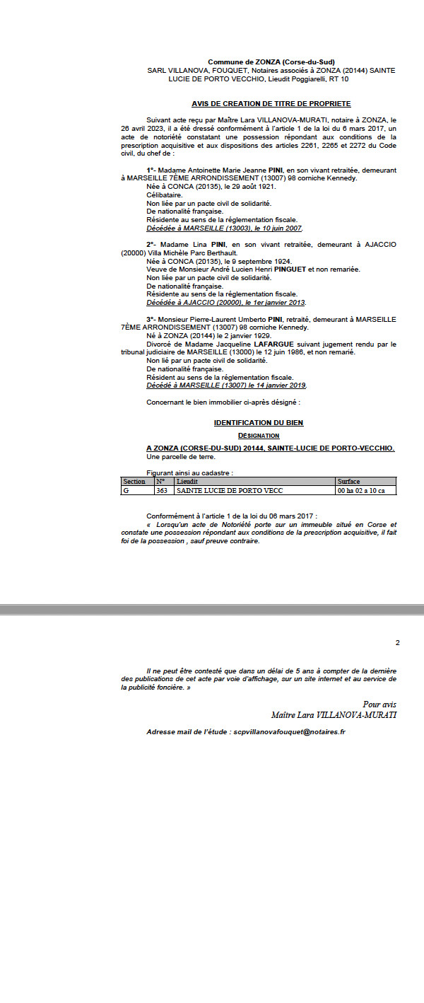 Avis de création de titre de propriété - Commune de Zonza (Pumonti)