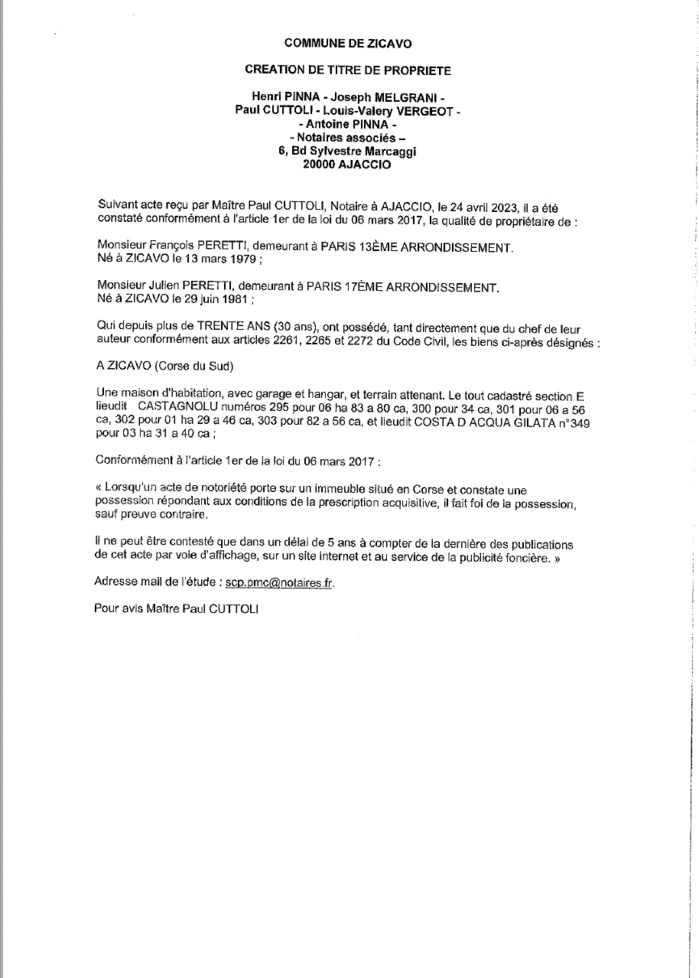 Avis de création de titre de propriété - Commune de Zicavu (Pumonti)
