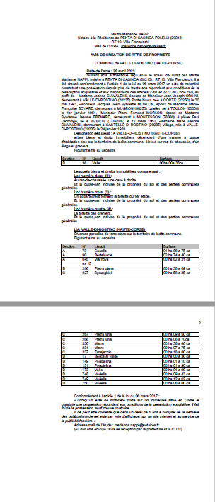 Avis de création de titre de propriété - Commune d'A Penta di Casinca (Cismonte)