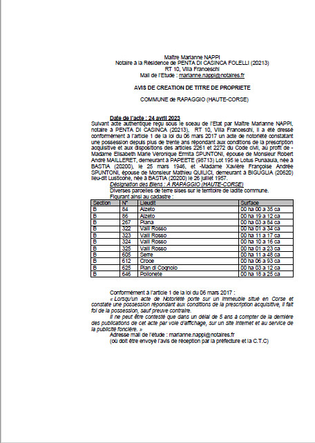 Avis de création de titre de propriété - Commune de Rapaghju (Cismonte) Avis de création de titre de propriété - Commune de Rapaghju (Cismonte)