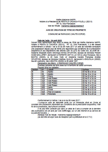 Avis de création de titre de propriété - Commune de Rapaghju (Cismonte)
