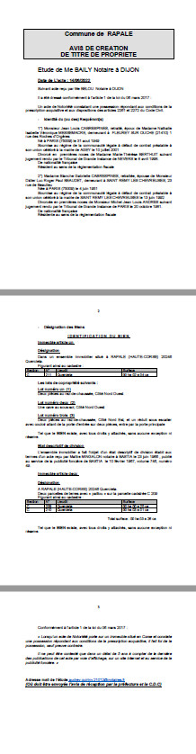 Avis de création de titre de propriété - Commune de Rapale (Cismonte)