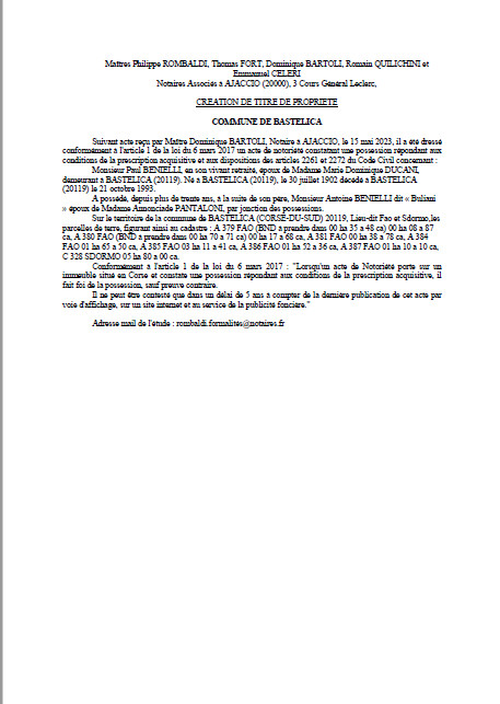 Avis de création de titre de propriété - Commune de Bastelica (Pumonti) Avis de création de titre de propriété - Commune de Bastelica (Pumonti)