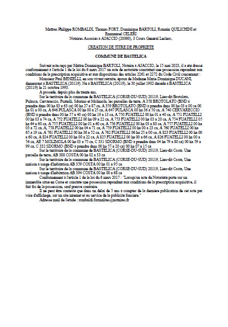 Avis de création de titre de propriété - Commune de Bastelica (Pumonti)