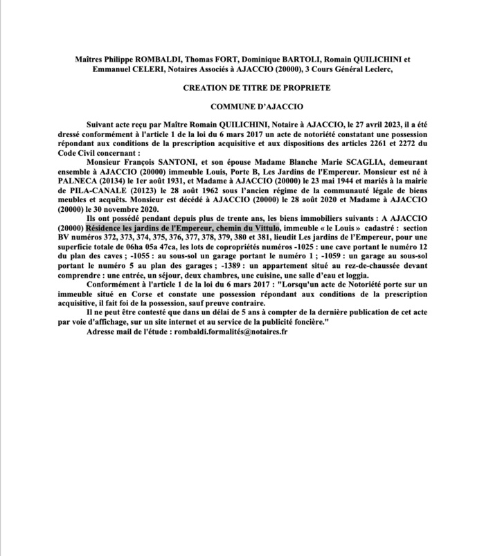 Avis de création de titre de propriété - Commune d'Aiacciu (Pumonti)