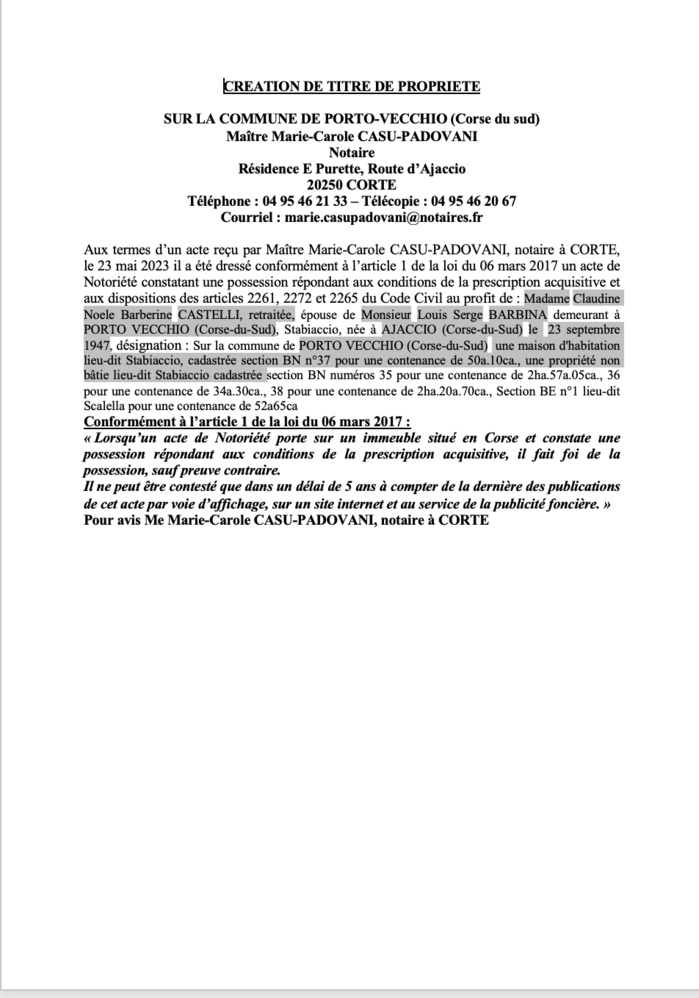 Avis de création de titre de propriété - Commune de Purtivechju (Pumonti)
