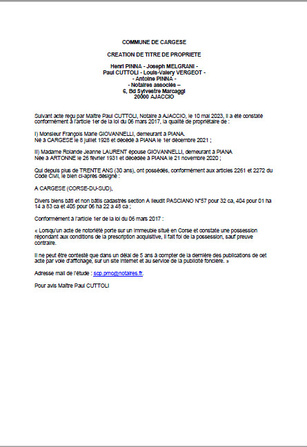 Avis de création de titre de propriété - Commune de Carghjese (Pumonti) Avis de création de titre de propriété - Commune de Carghjese (Pumonti)