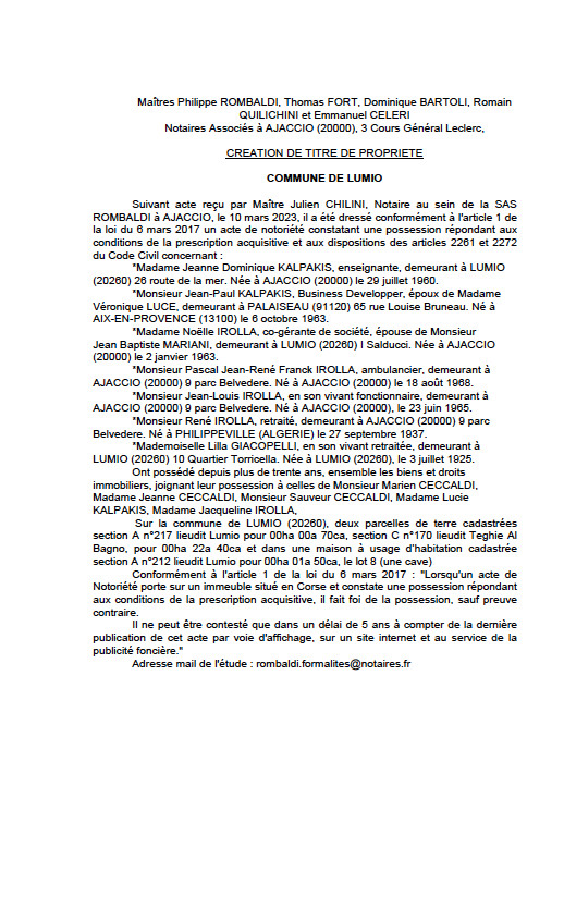 Avis de création de titre de propriété - Commune de Surbuddà (Pumonti) Avis de création de titre de propriété - Commune de Surbuddà (Pumonti)