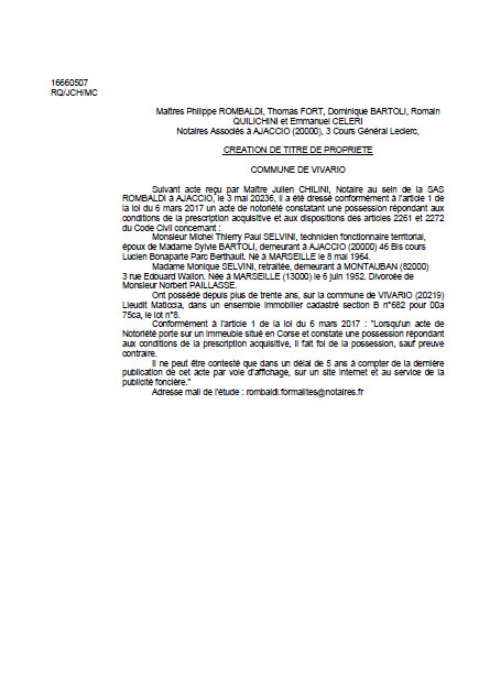 Avis de création de titre de propriété - Commune de Vivariu (Cismonte) Avis de création de titre de propriété - Commune de Vivariu (Cismonte)