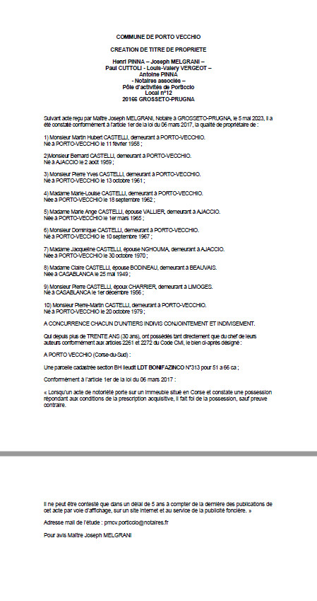 Avis de création de titre de propriété - Commune de Purtivechju (Pumonti) Avis de création de titre de propriété - Commune de Purtivechju (Pumonti)