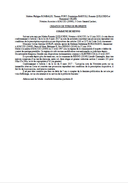 Avis de création de titre de propriété - Commune de Rennu (Pumonti) Avis de création de titre de propriété - Commune de Rennu (Pumonti)
